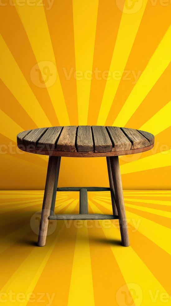 Wooden table set against vibrant yellow sunburst background creating an energetic atmosphere for gatherings photo