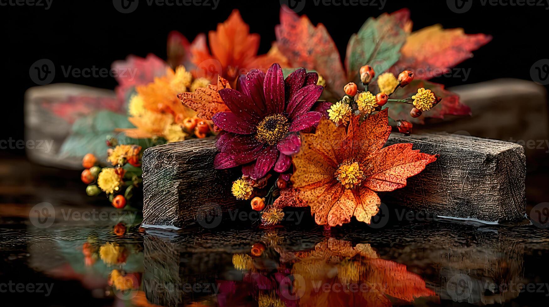 Beautiful autumn floral arrangement on rustic wood with reflections and vibrant colors photo