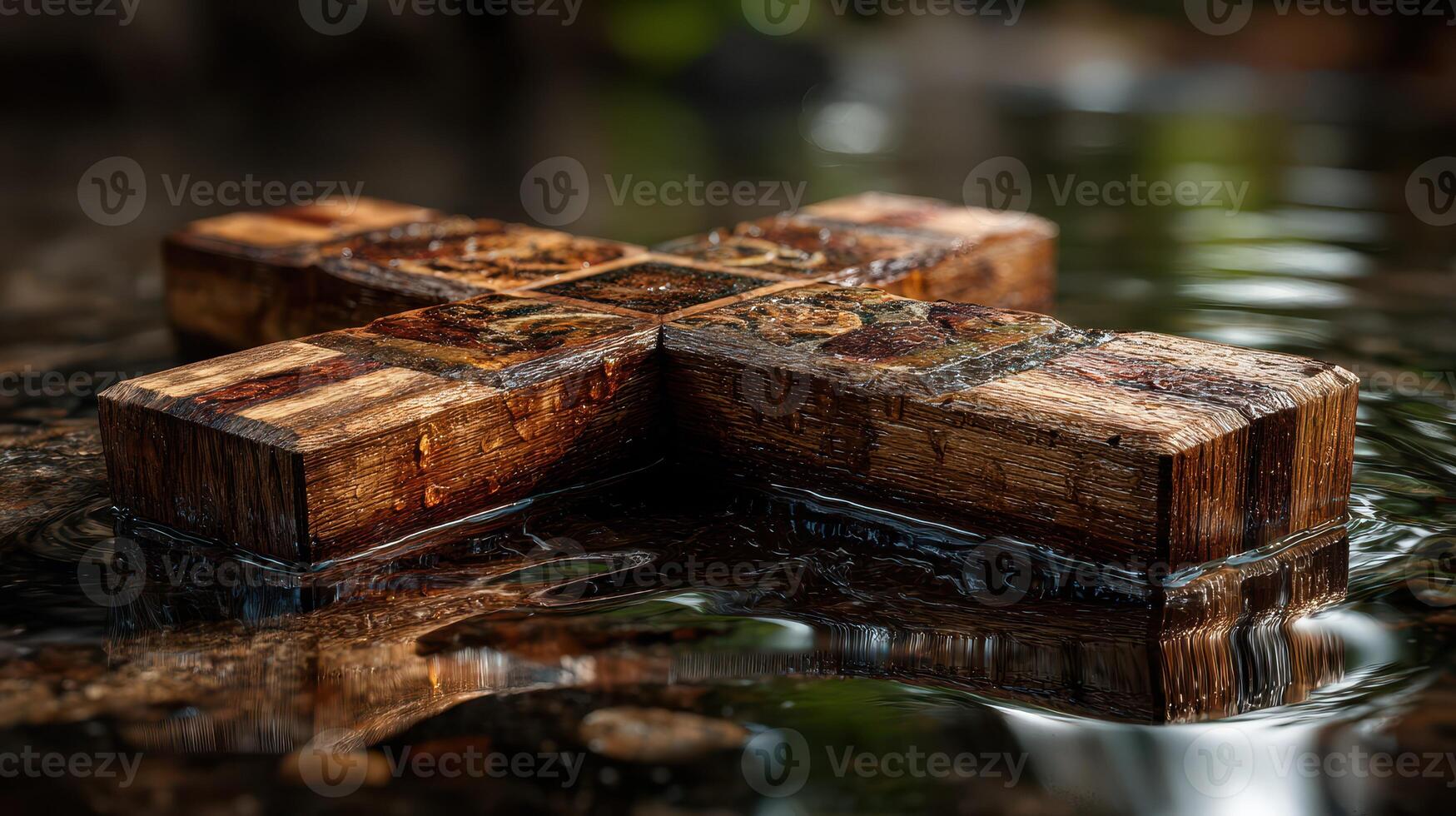 Wooden cross resting in calm water surrounded by greenery during midday light creates a serene and reflective atmosphere photo