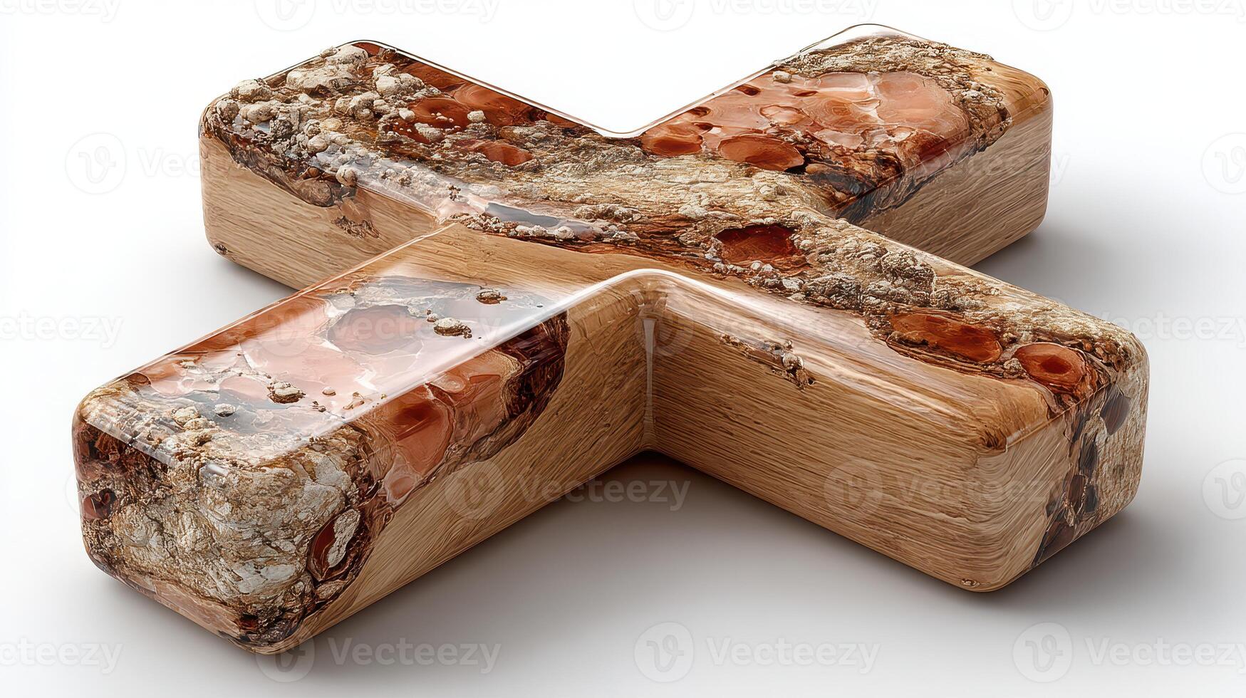 Unique wooden sculpture featuring cross design with resin accents in natural tones photo