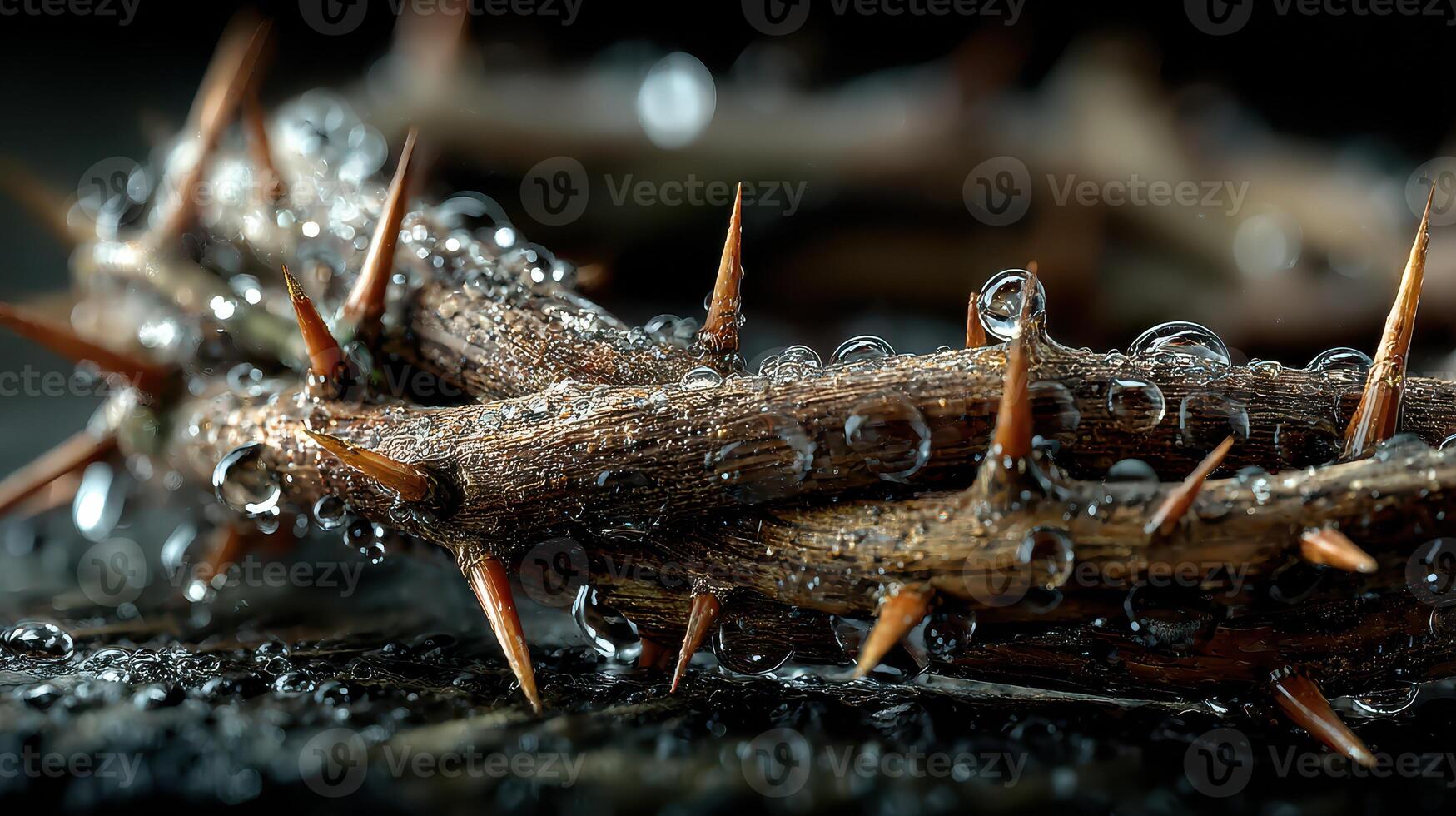 Crown of thorns adorned with droplets resting on a dark surface highlighting texture and detail photo