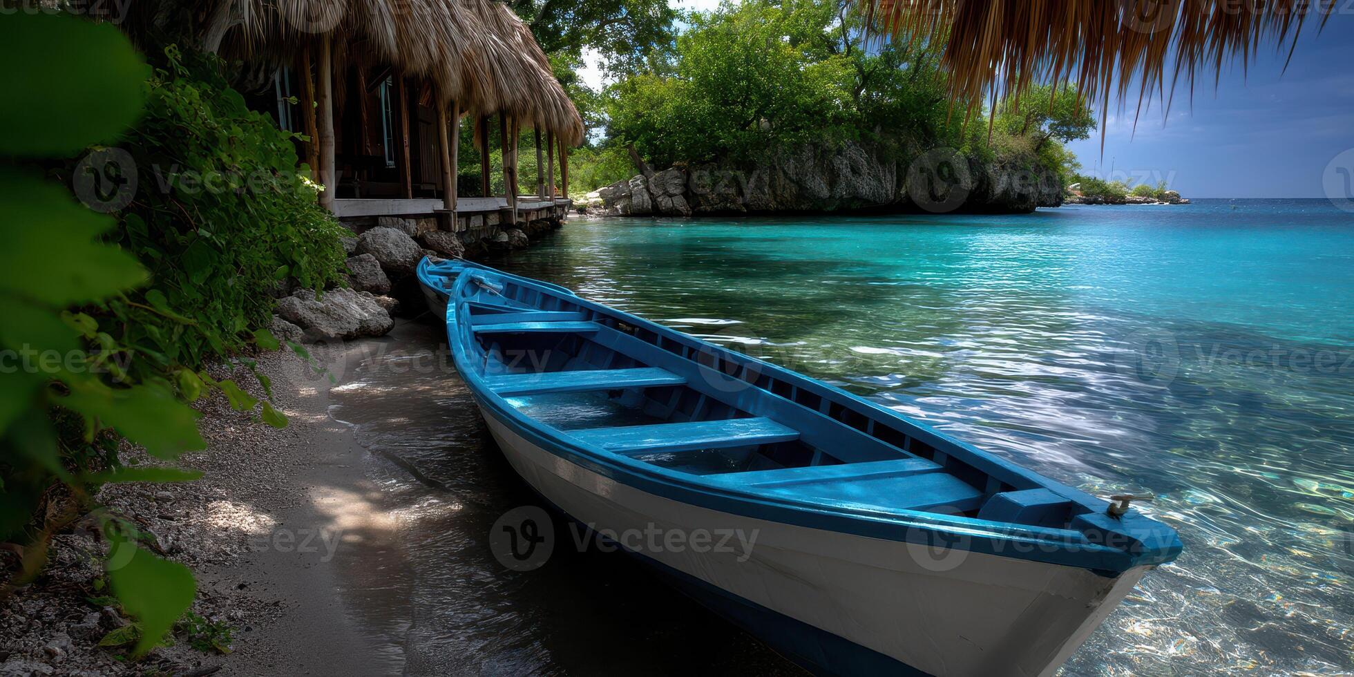 Colorful boat rests on the sandy shore at a tranquil beach surrounded by lush greenery and crystal-clear waters photo