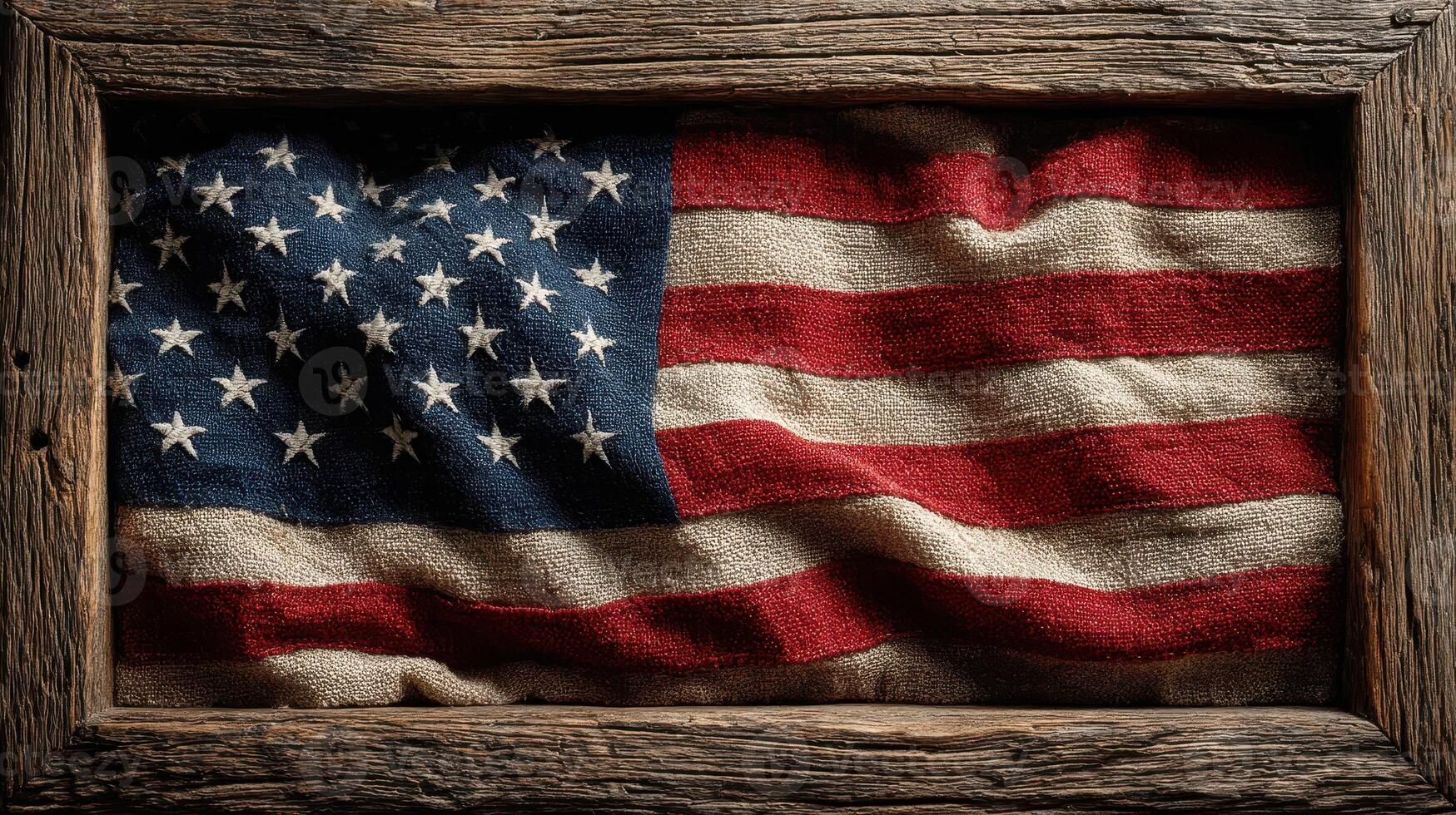 Worn American flag displayed in a rustic wooden frame showcasing national pride and history photo