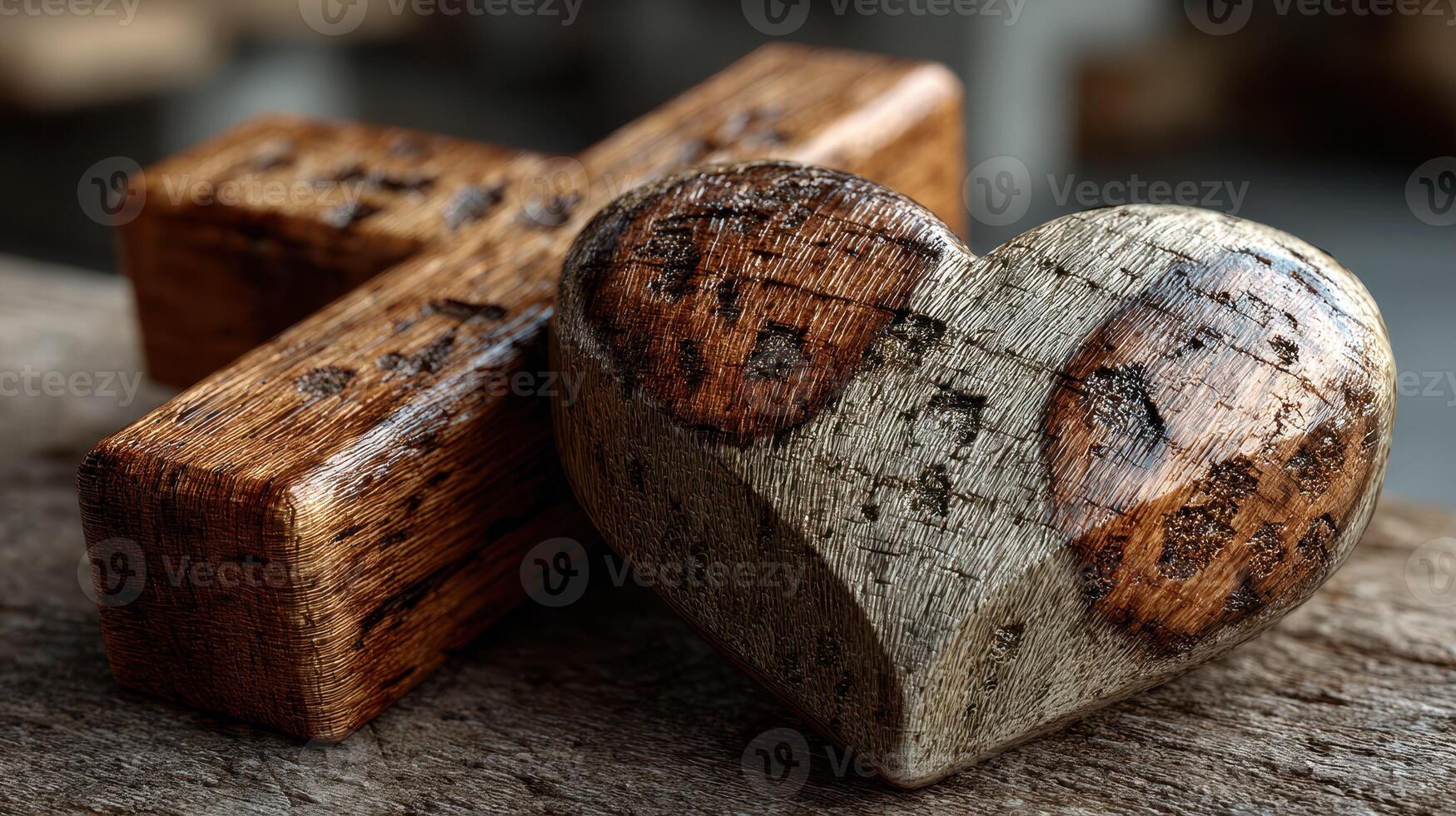 Wooden heart and cross on rustic table display craftsmanship and natural beauty in calming setting photo