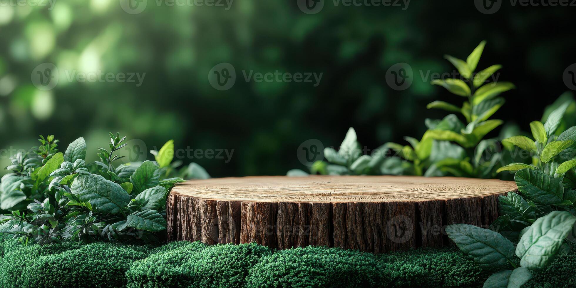 Wooden stump surrounded by lush greenery in a serene forest environment during daylight photo