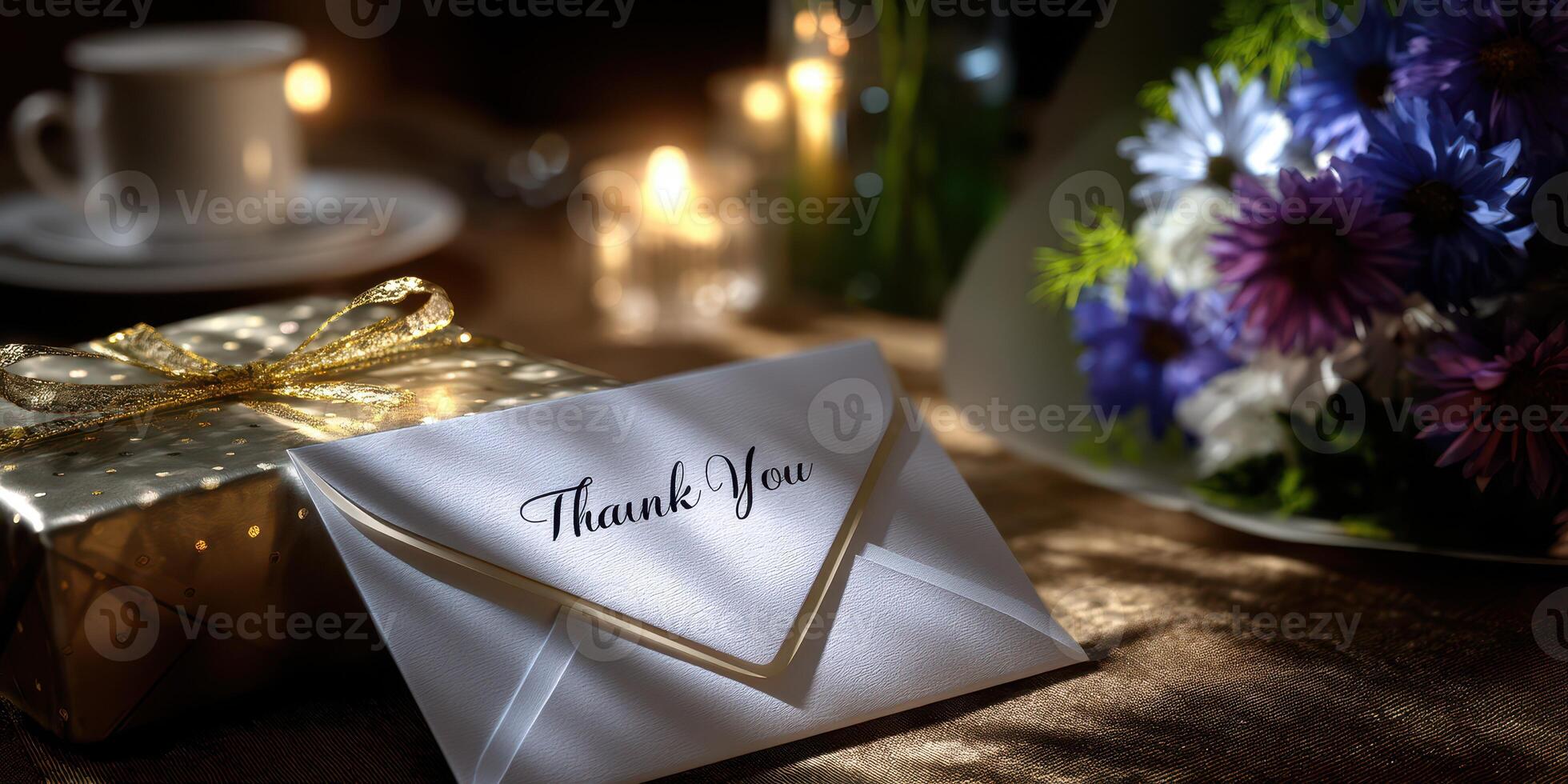 Elegant table setting with a thank you card, flowers, and a gift during an evening gathering photo