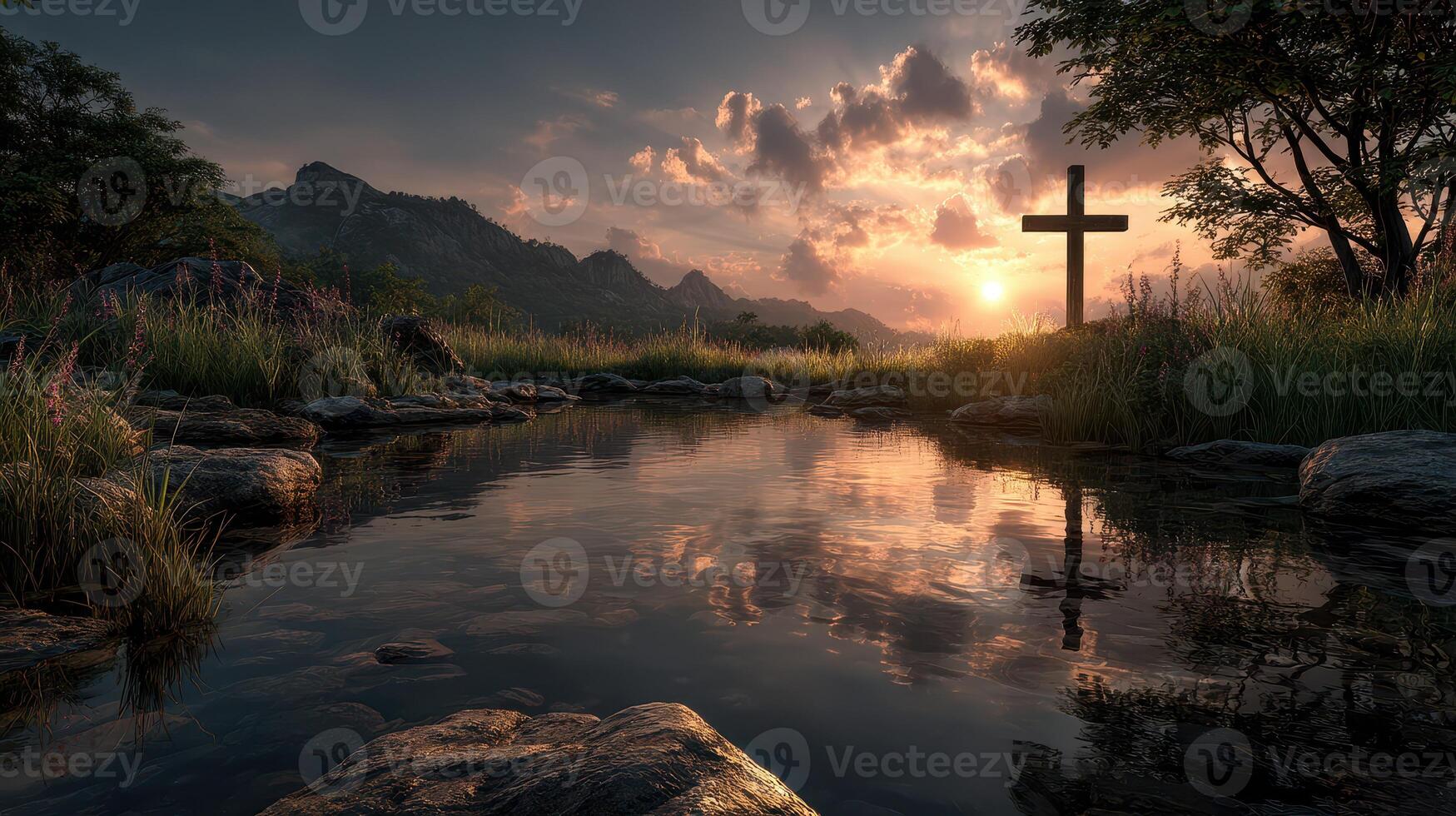 Sunset reflection over tranquil waters with a cross and mountains in the background photo