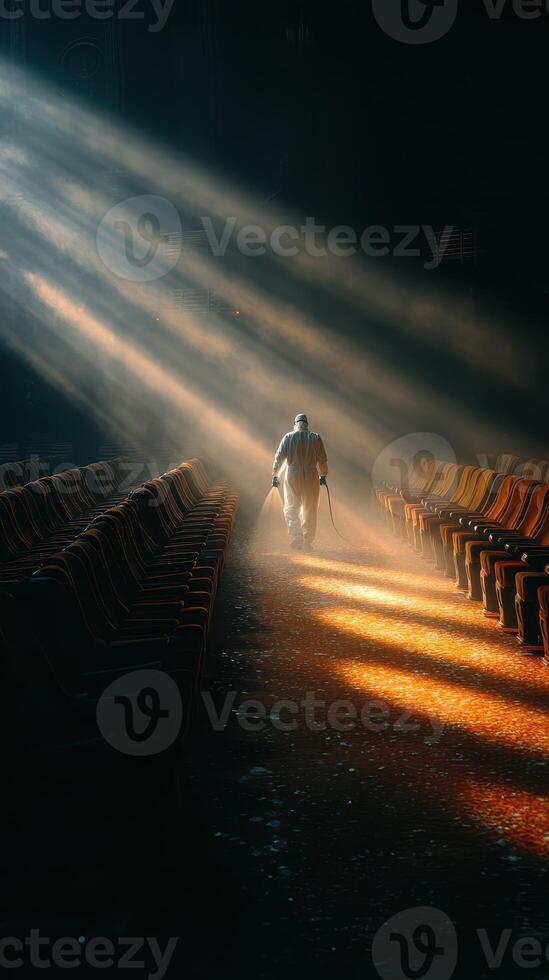 Elderly person walks through an empty theater illuminated by rays of sunlight in a moment of quiet reflection photo