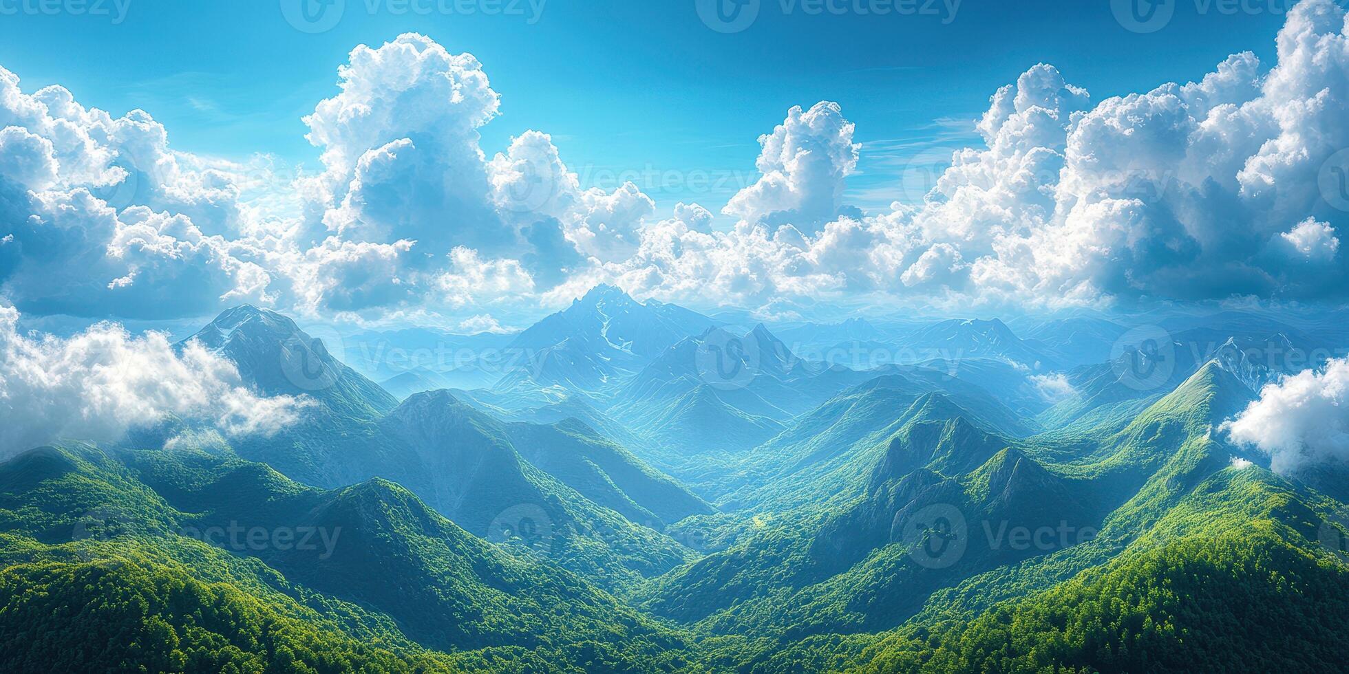 Breathtaking view of lush mountains under a clear blue sky with fluffy white clouds during midday light photo