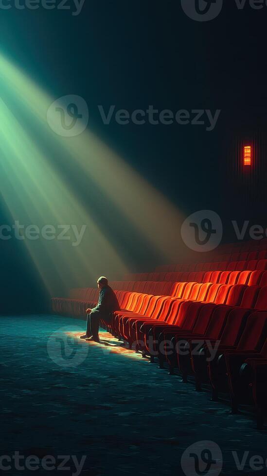 Depiction of solitude in an empty theater with focused light illuminating a lone individual in the foreground photo