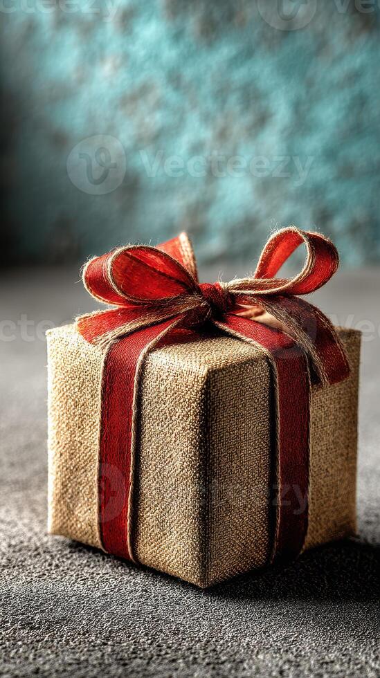 Gift wrapped in burlap with a red bow placed on a textured surface in a cozy setting photo