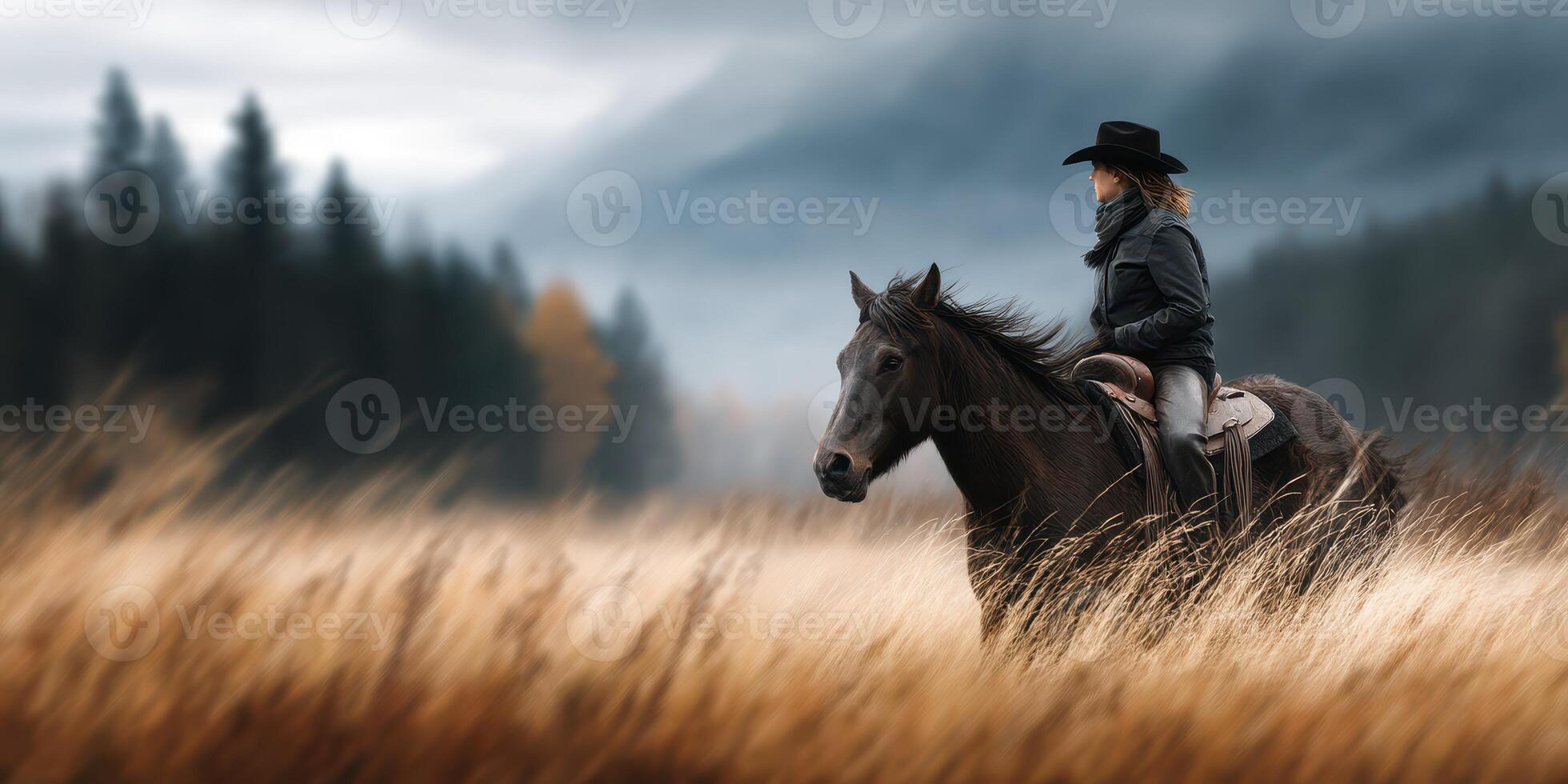 Cowgirl riding a black horse through tall grass in a serene mountain landscape during a cloudy afternoon photo