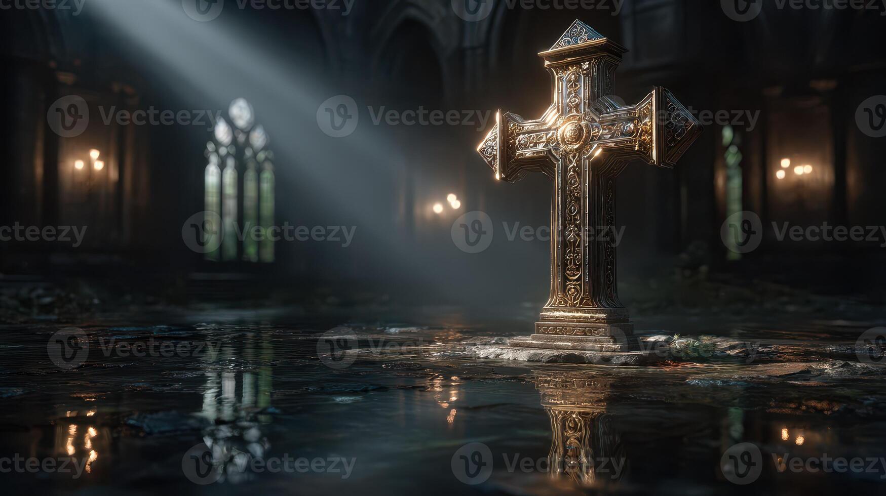 Golden cross illuminated by soft light in an ancient, dimly lit cathedral setting creating a serene and sacred atmosphere photo