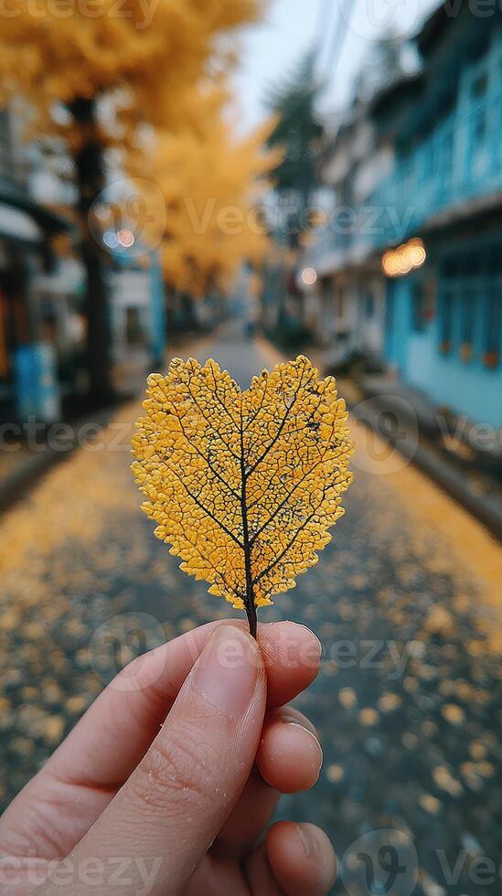 Vibrant yellow heart-shaped leaf held in hand on cobblestone street lined with golden trees in autumn photo