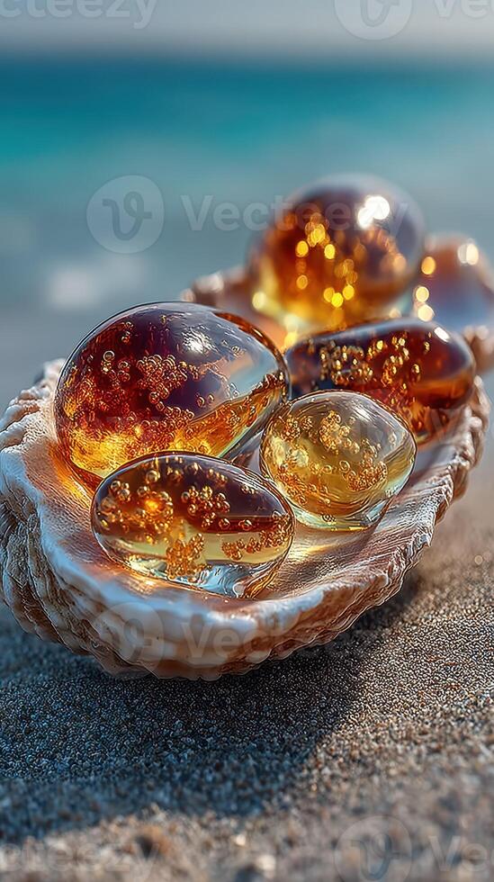Unique amber-colored orbs displayed on a seashell along a sandy beach at sunset creating a tranquil seaside atmosphere photo