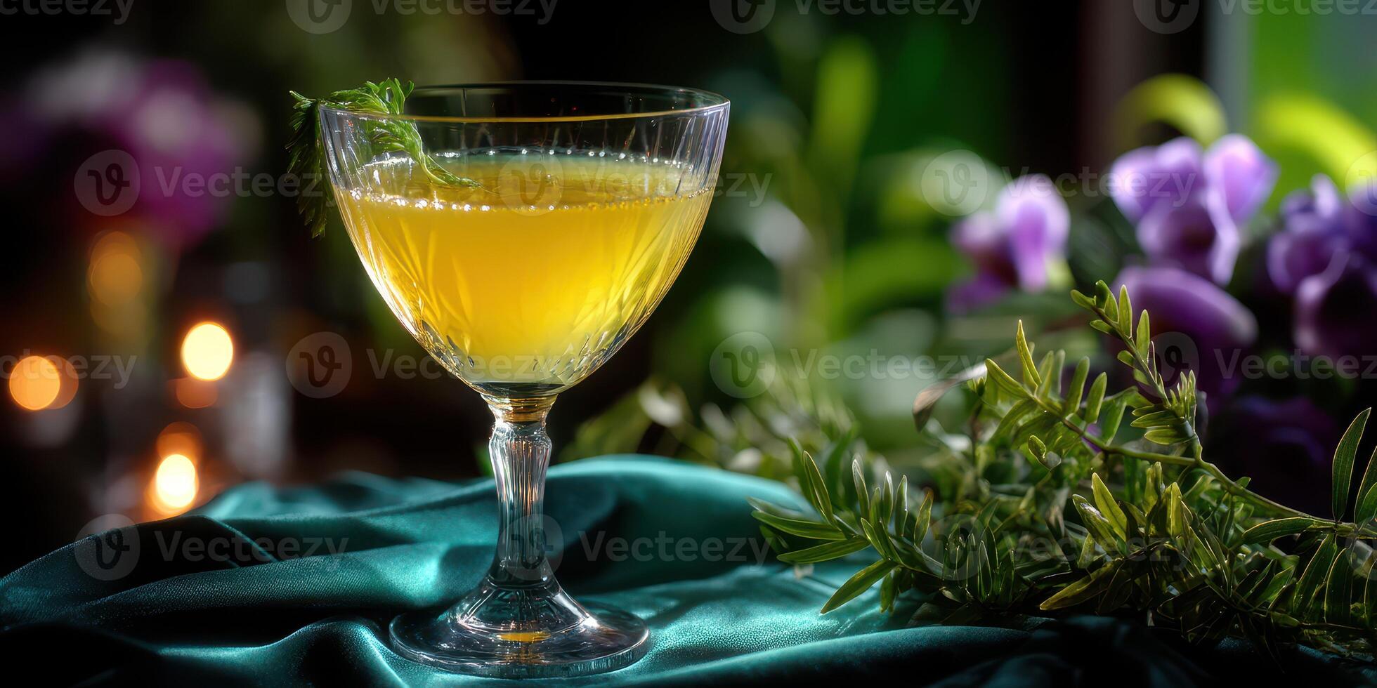 Freshly prepared cocktail served in an elegant glass, surrounded by vibrant flowers and soft candlelight photo