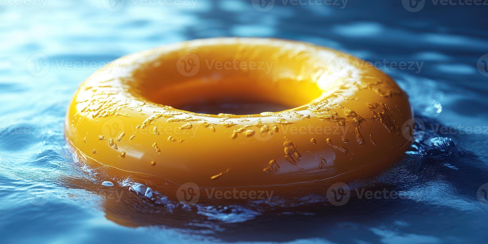 Yellow flotation ring floating in clear water on a sunny day at a pool photo