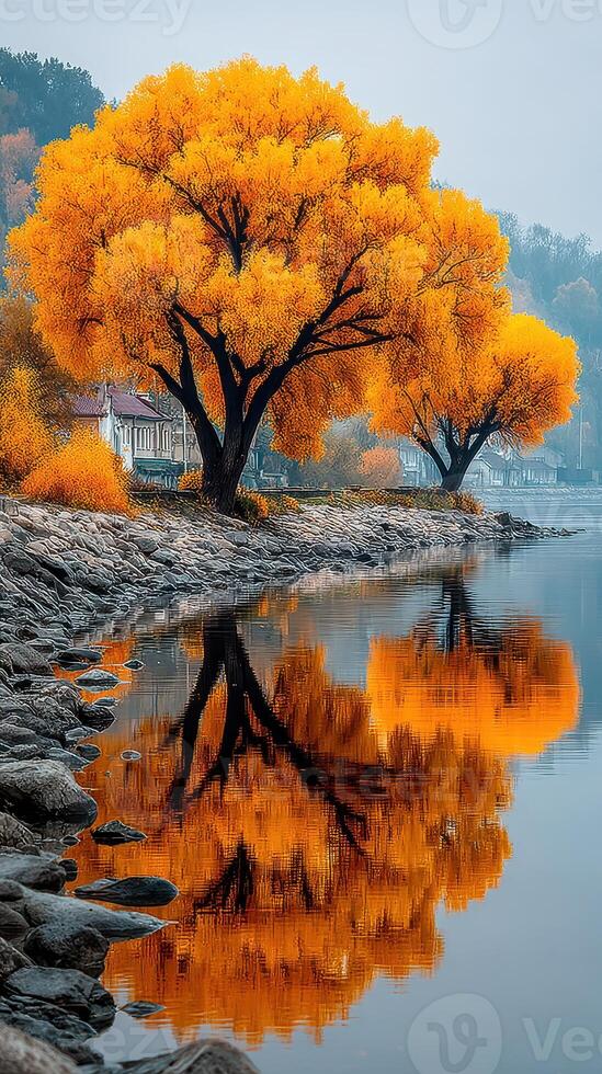 Vibrant autumn trees reflected in calm river waters under a gray sky in a tranquil landscape setting photo