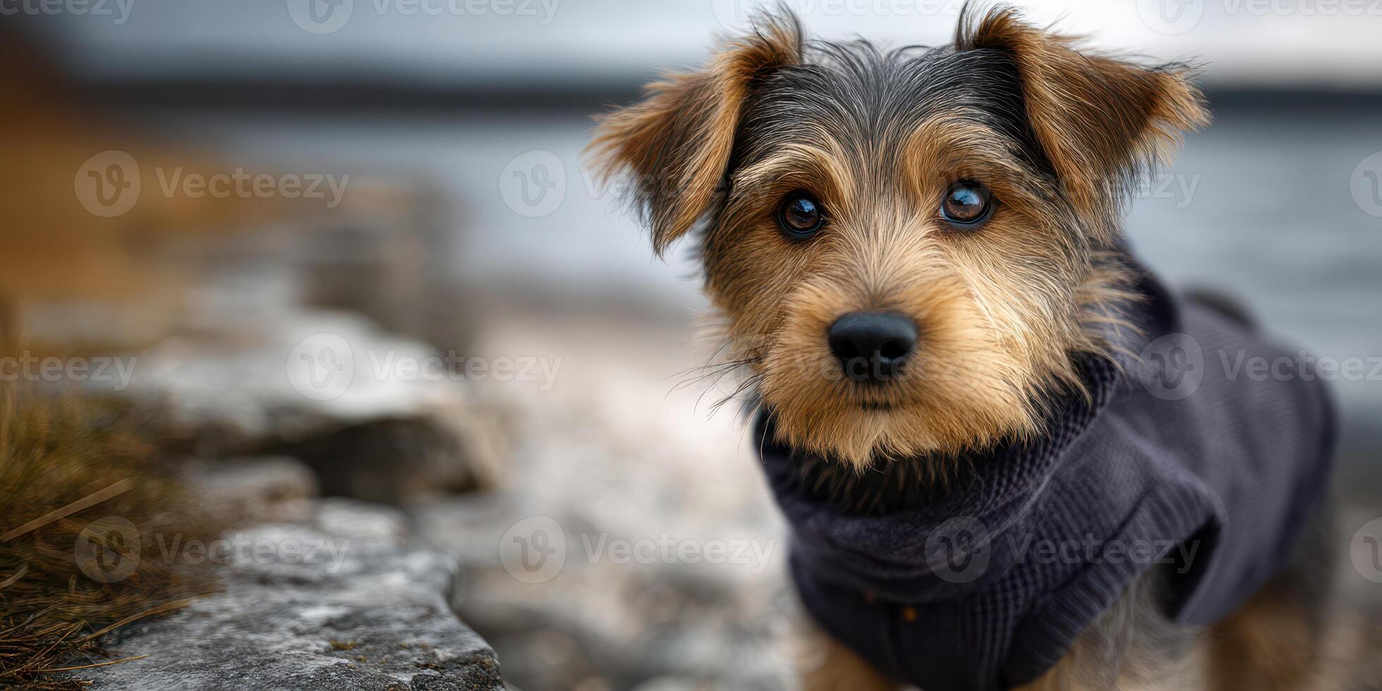 Cute dog in cozy sweater posing by the water on a chilly day in autumn photo