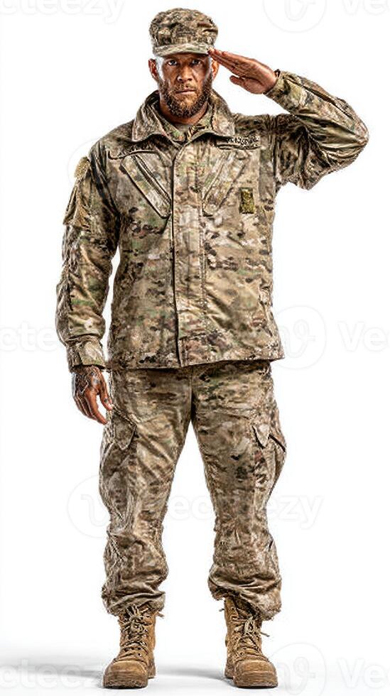 Dedicated soldier in camouflaged uniform saluting with pride in a studio setting photo