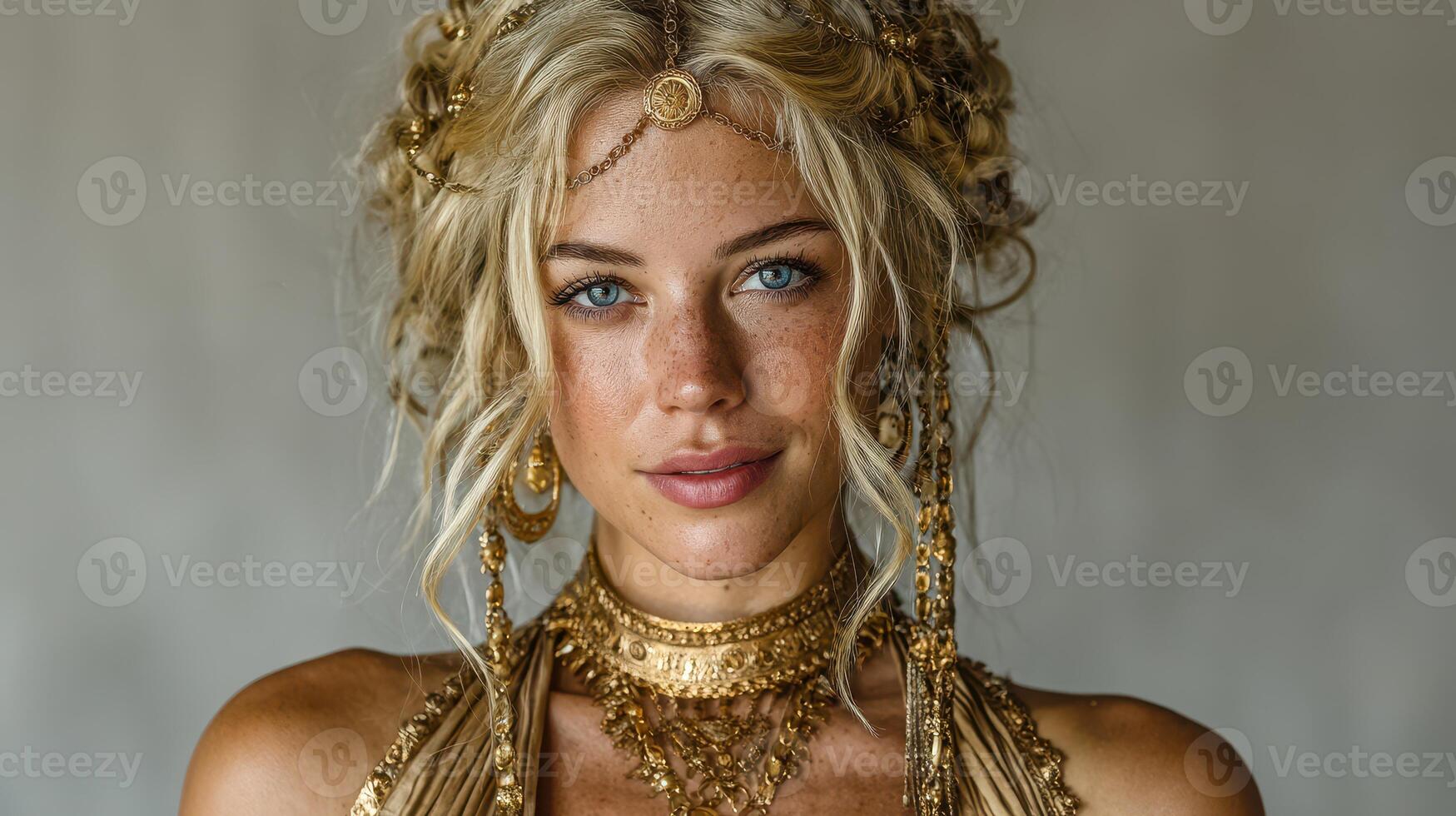 Portrait of a young woman adorned with intricate gold jewelry and flowing hair in an artistic studio setting photo