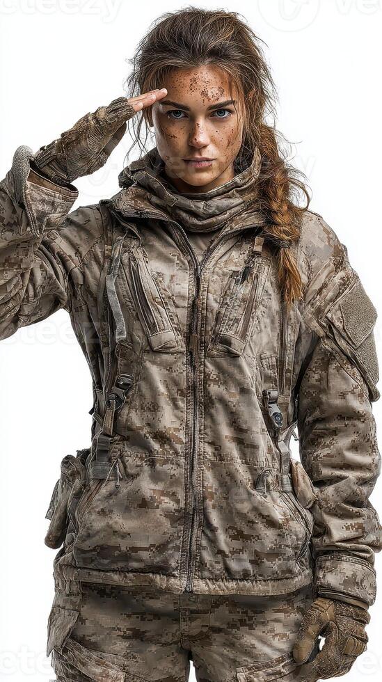 Female soldier in camouflage uniform saluting with determination and grit in a military environment photo