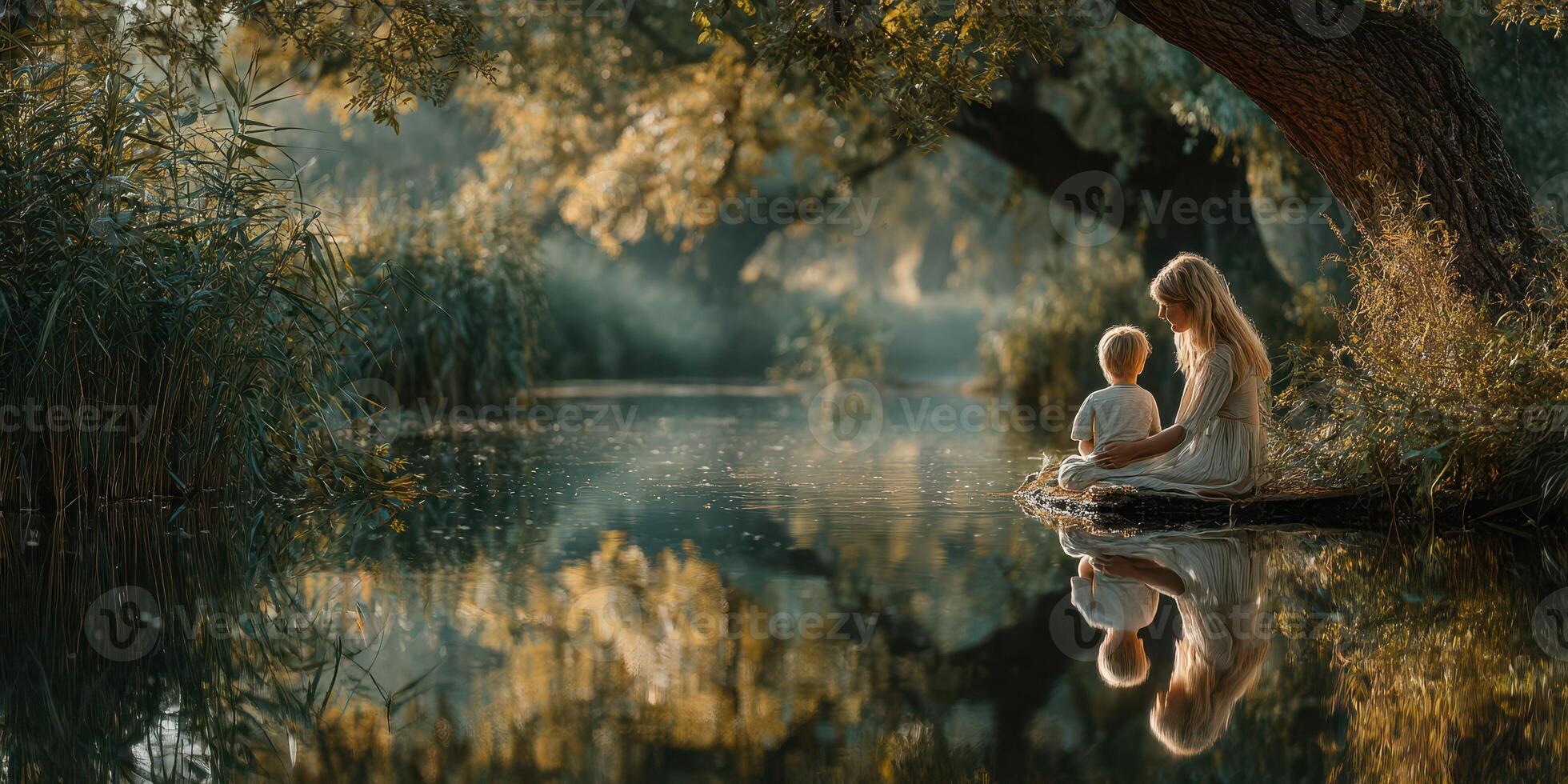 Mother and child enjoying peaceful moment by the serene water at golden hour in a natural setting photo