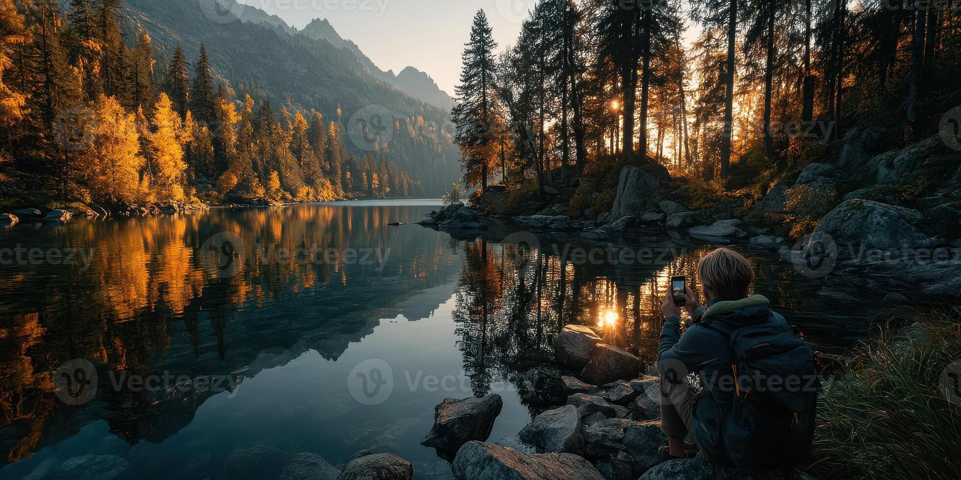 Exploring serene autumn landscapes by a tranquil mountain lake during sunset photo