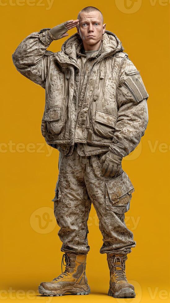 Soldier saluting against a vibrant yellow background in military attire and tactical gear photo
