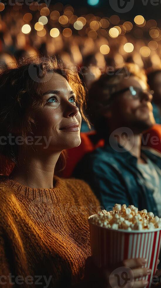 Audience enjoys film at a cozy cinema on a relaxed evening, captivated by the screen and filled with popcorn photo
