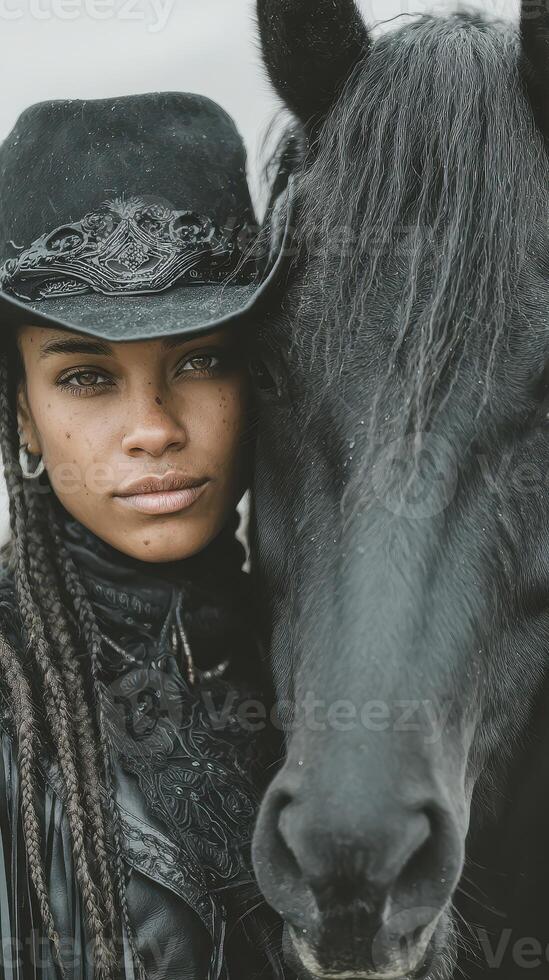 Portrait of a woman in black attire with a horse exuding strength and connection in a natural setting photo