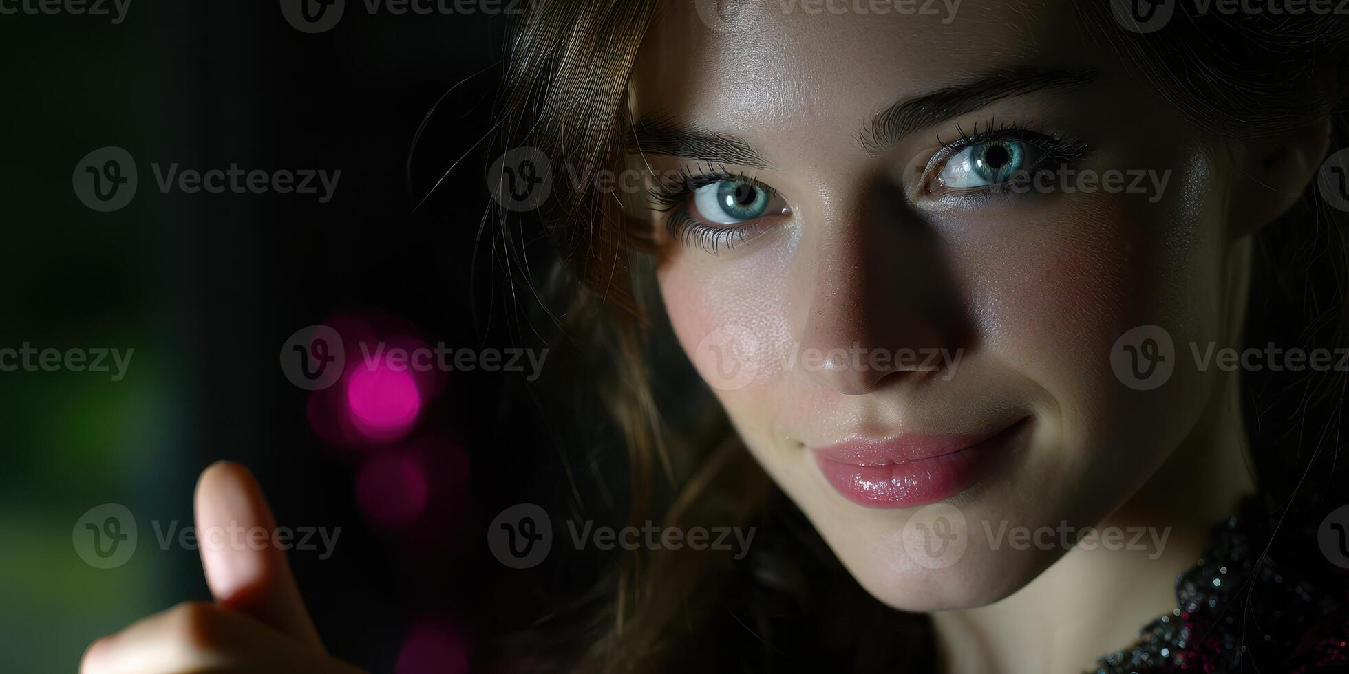 Young woman with striking blue eyes smiling softly in low light setting during an evening gathering photo