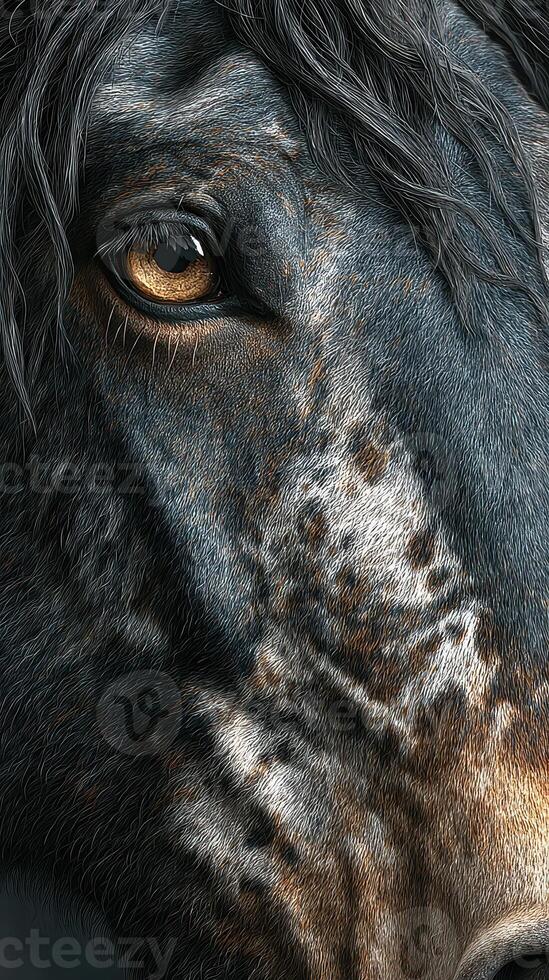 Close-up view of a horse's eye showcasing intricate textures and colors in natural light photo