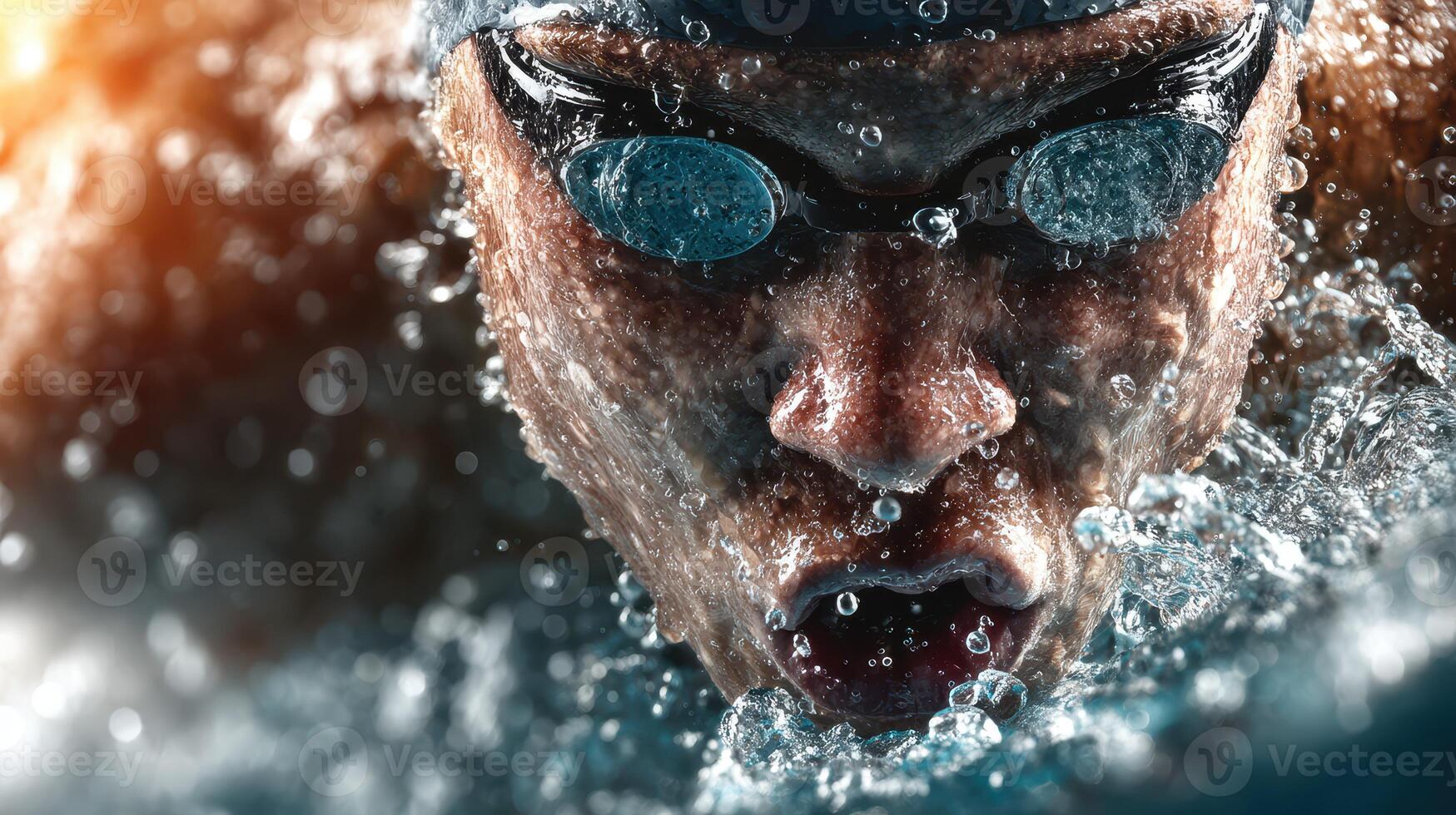Competitive swimmer propels through water during race in indoor pool environment photo