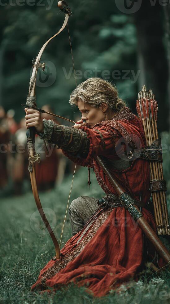 Archer prepares for a competition in a forest setting during a medieval festival photo