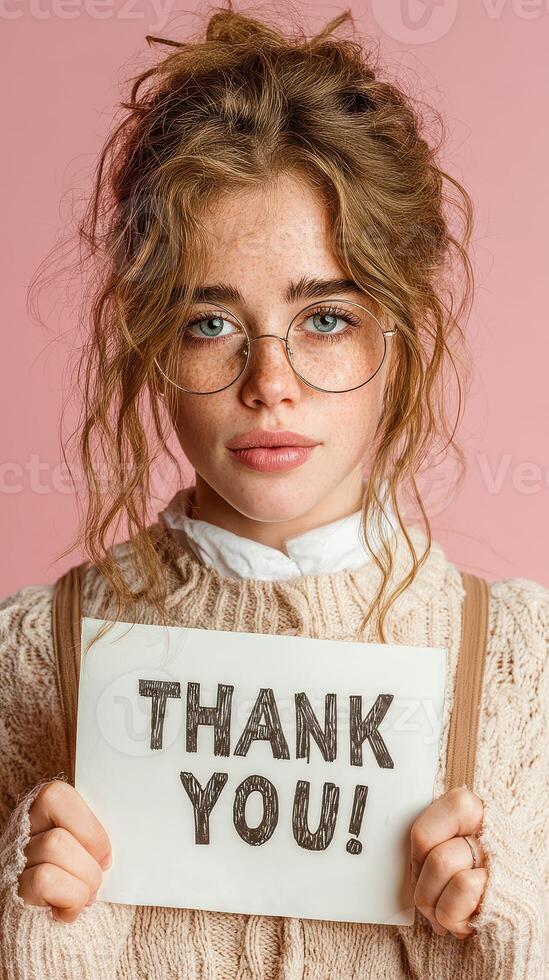 Young woman holding a thank you sign in front of a pink background while wearing glasses and a cozy sweater during daytime photo
