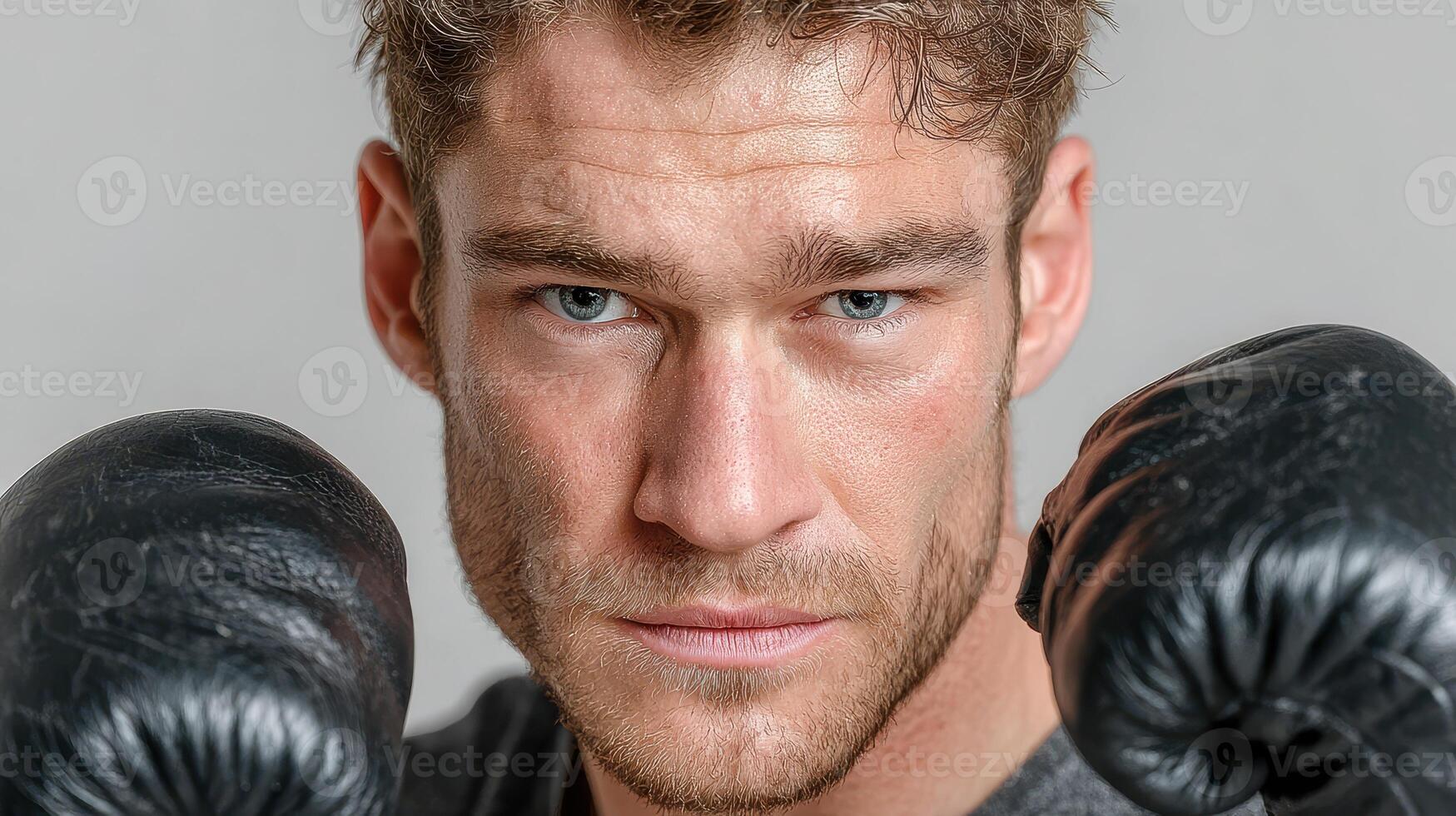 Boxing athlete prepares for match with focused expression and determined stance in training session indoors photo