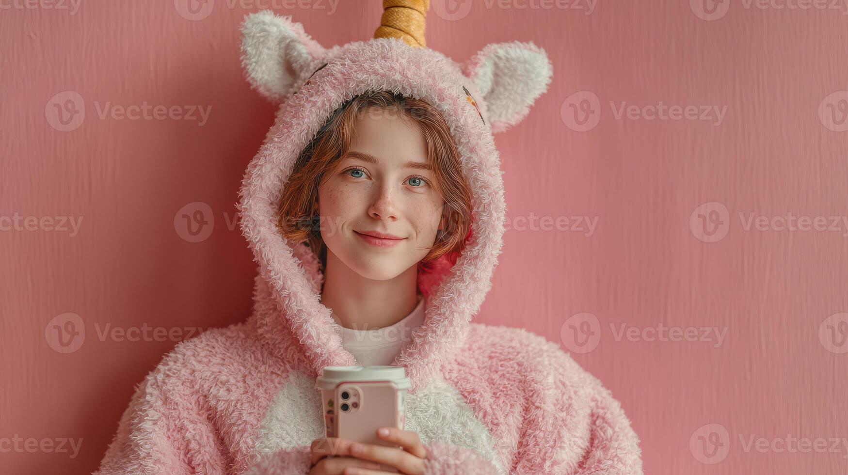 Cute girl dressed in unicorn onesie smiles while using smartphone against a pink background photo