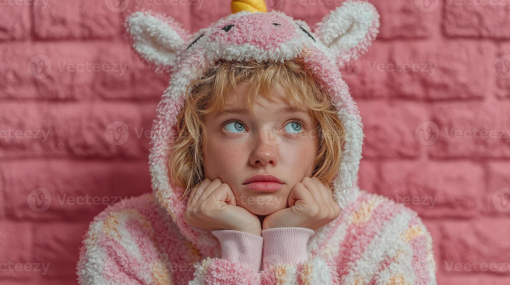 Young person in unicorn onesie sitting against pink wall, looking thoughtfully upward during cozy indoor moment photo