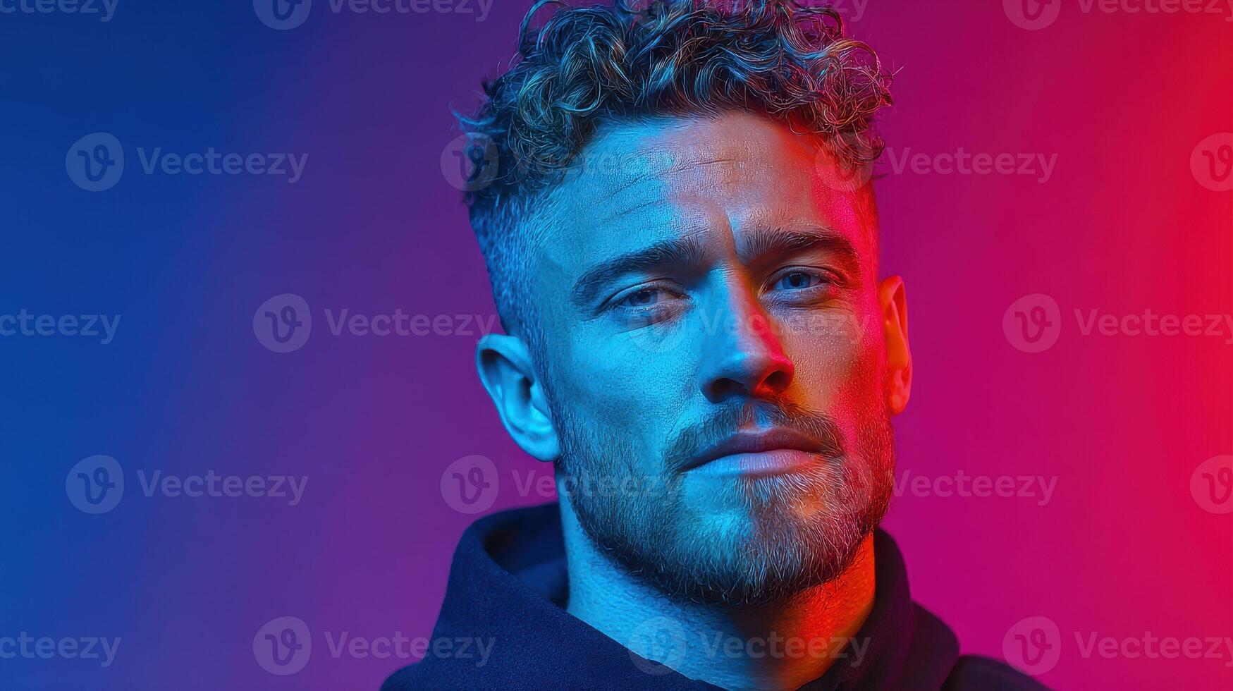 Young man with curly hair poses against a vibrant blue and pink backdrop in a modern indoor setting during evening hours photo