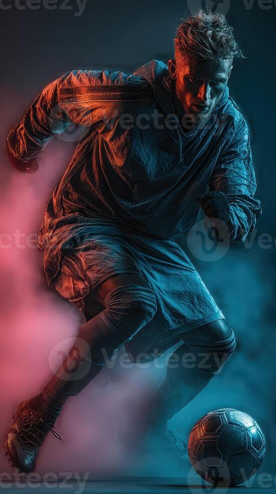 Soccer player in dynamic action during a night training session, showcasing agility and focus on the field photo