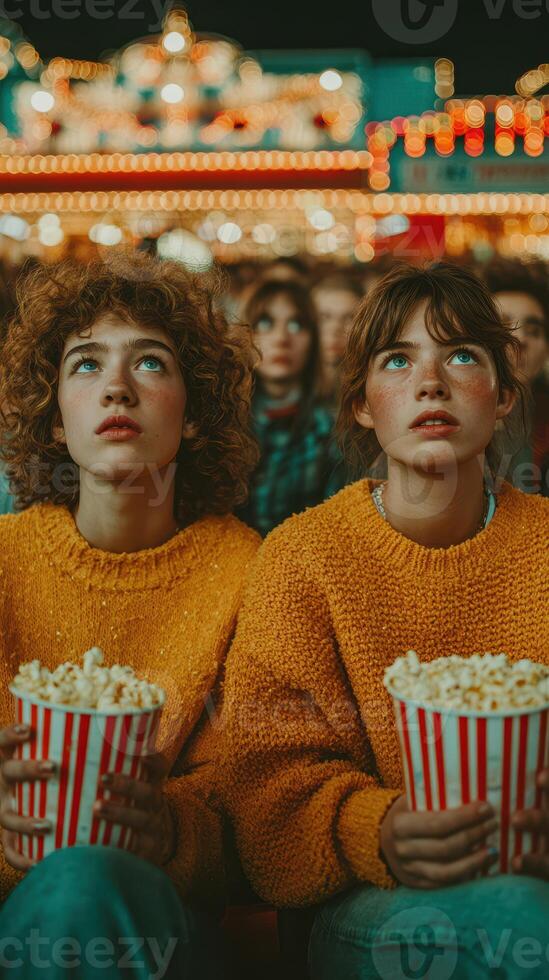 Friends enjoy a popcorn-filled movie night at an outdoor cinema under colorful lights photo