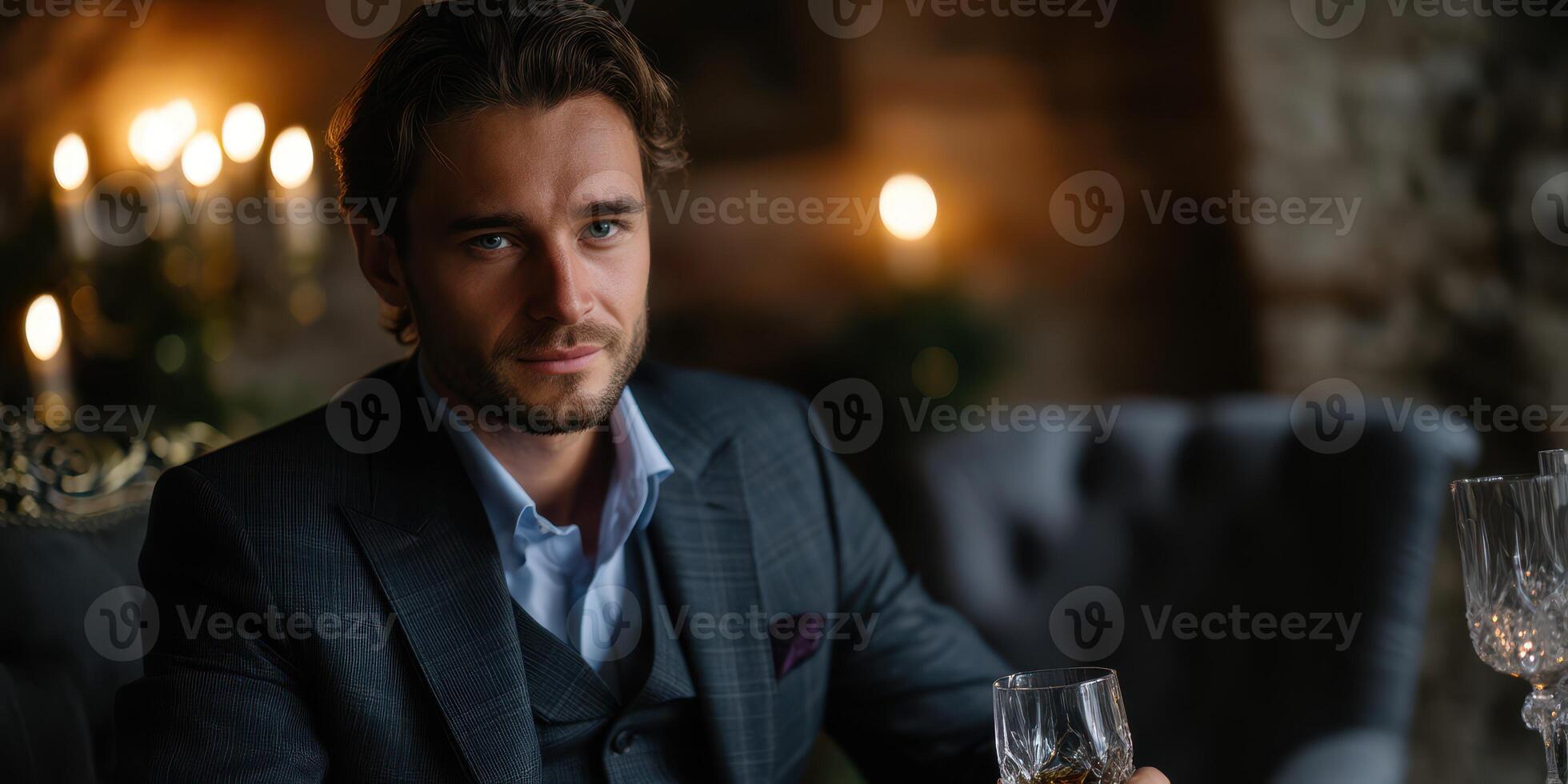 Man in formal attire enjoying a drink in a cozy, candlelit setting during the evening hours photo