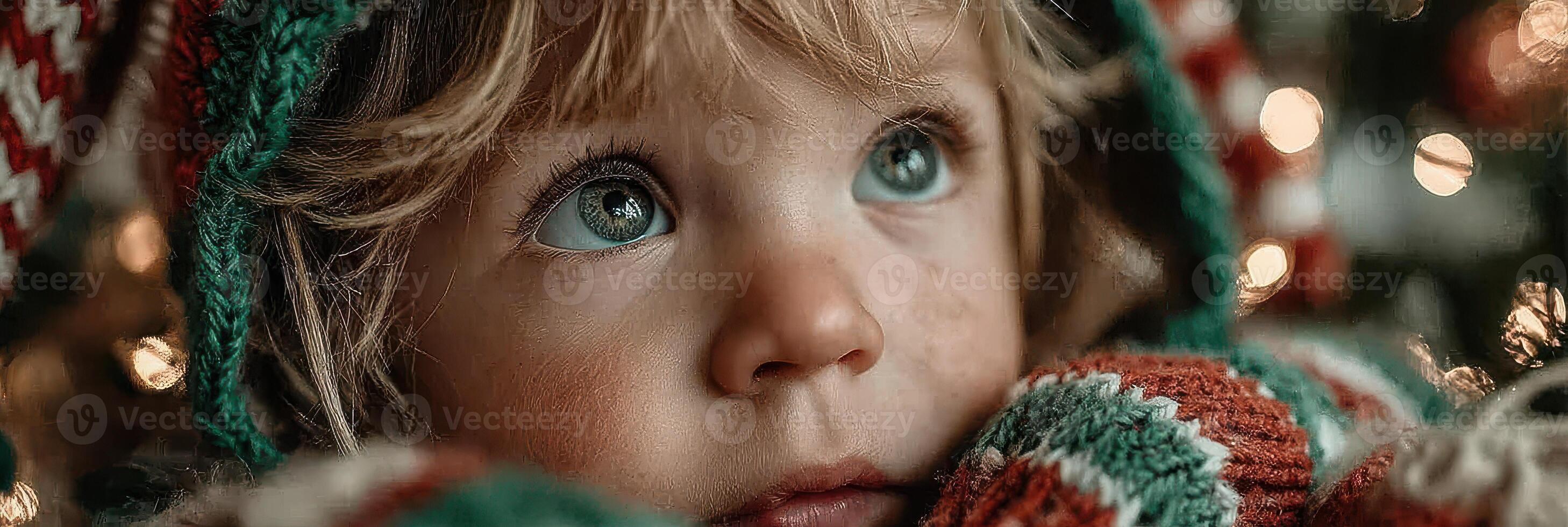 Child gazes in wonder at holiday decorations in cozy setting with warm lights during festive season photo
