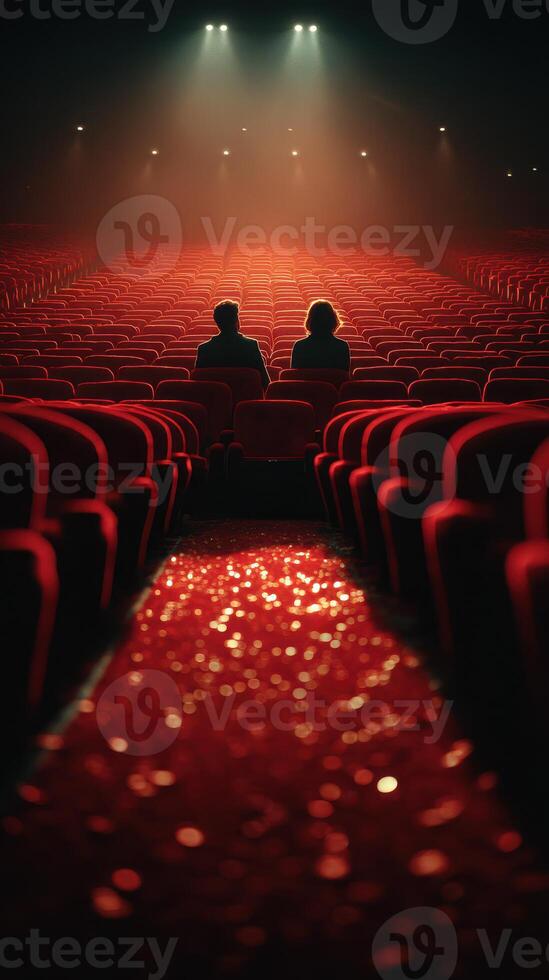 Couple sits together in a nearly empty theater with a red carpet and illuminated stage photo