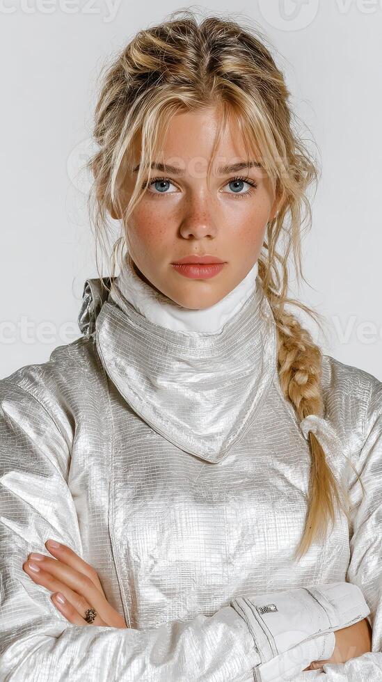 Young female fencer in a metallic silver suit poses confidently for a portrait in a studio setting photo