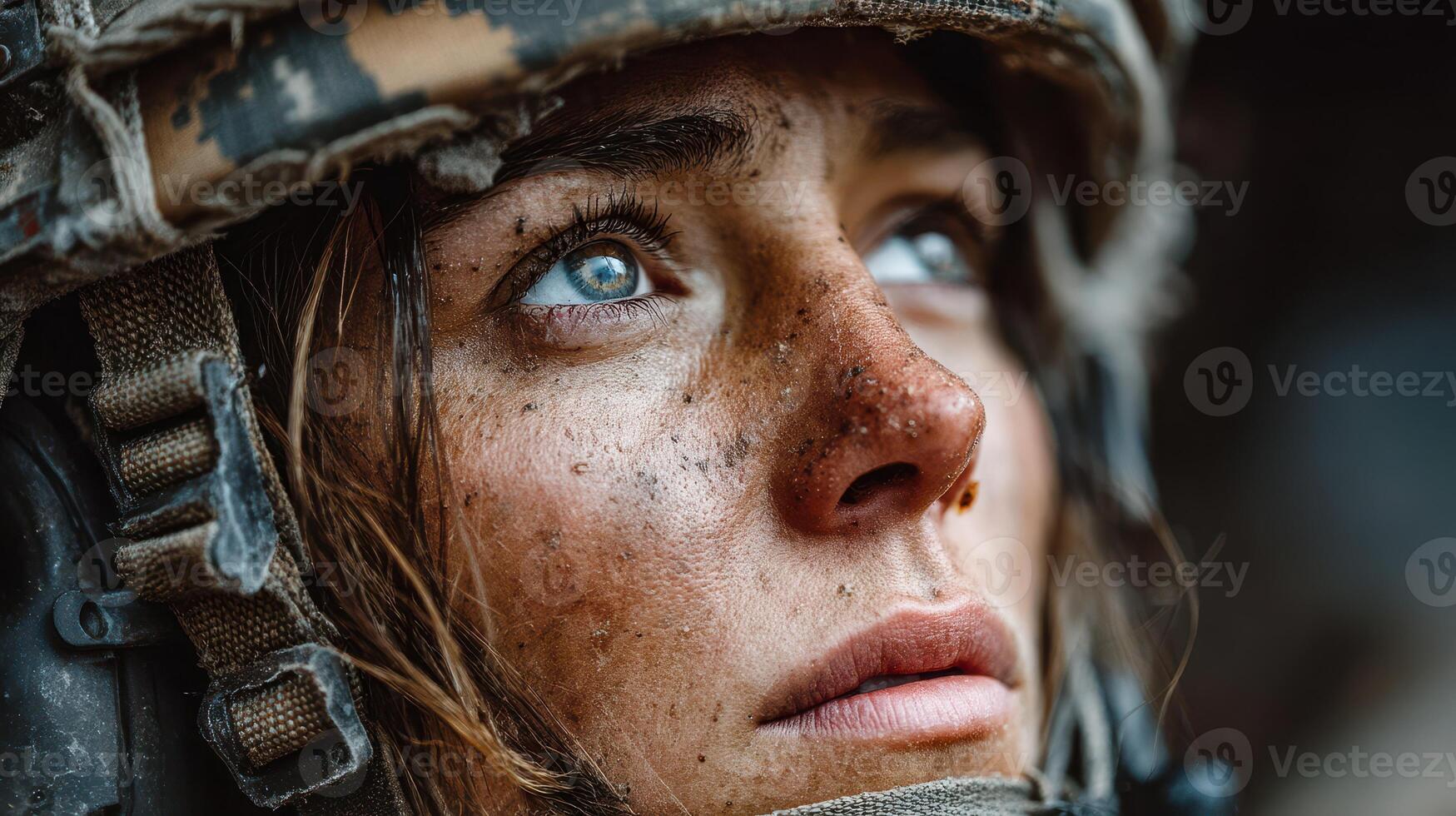 Soldier with determined gaze facing challenges during a military mission in a rugged environment photo