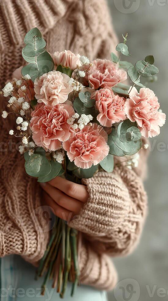 Bouquet of pink carnations and eucalyptus held by a person in a cozy sweater photo