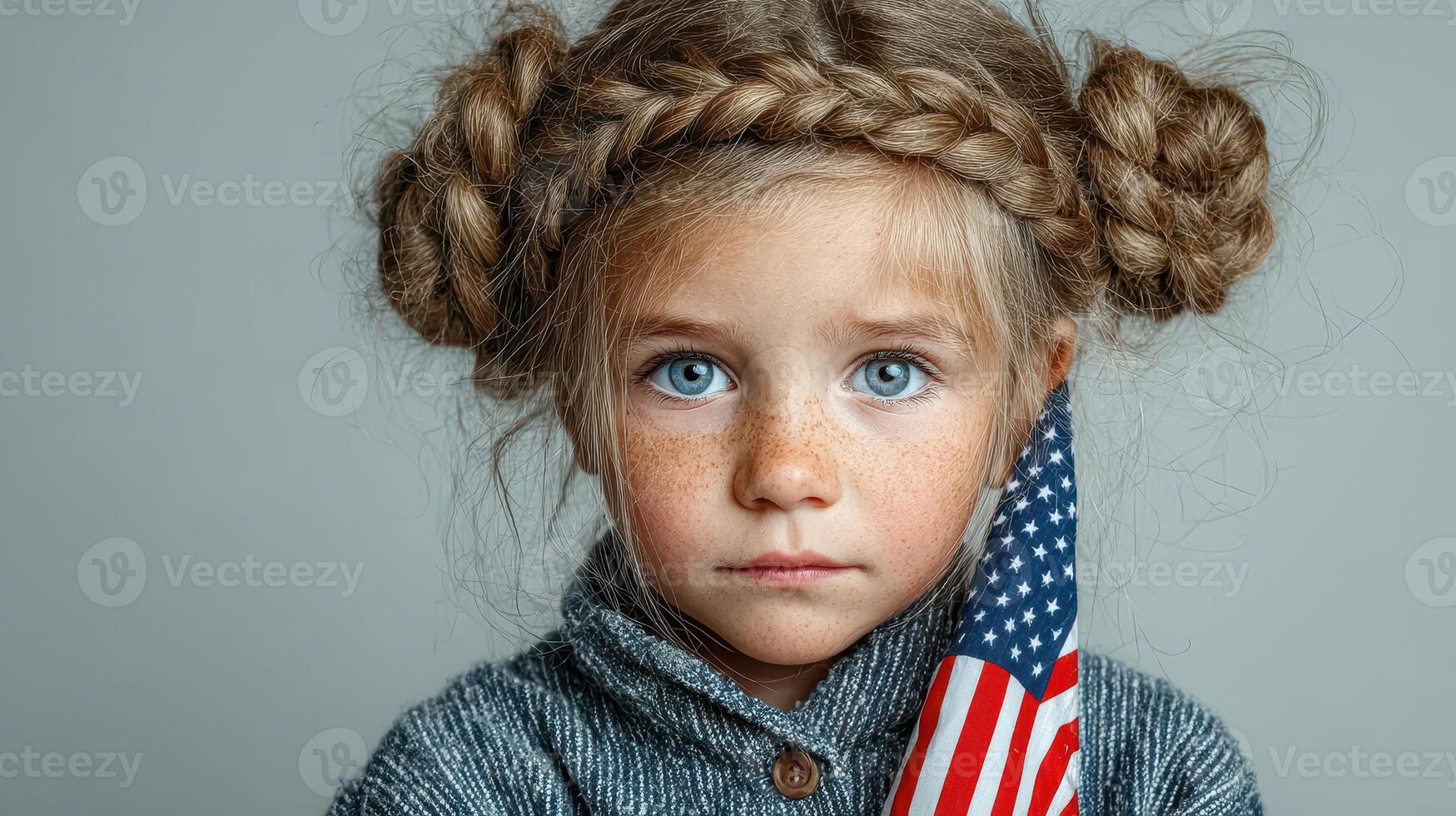 Young child with braided hair holding a small flag in a neutral setting, conveying a sense of pride and innocence photo