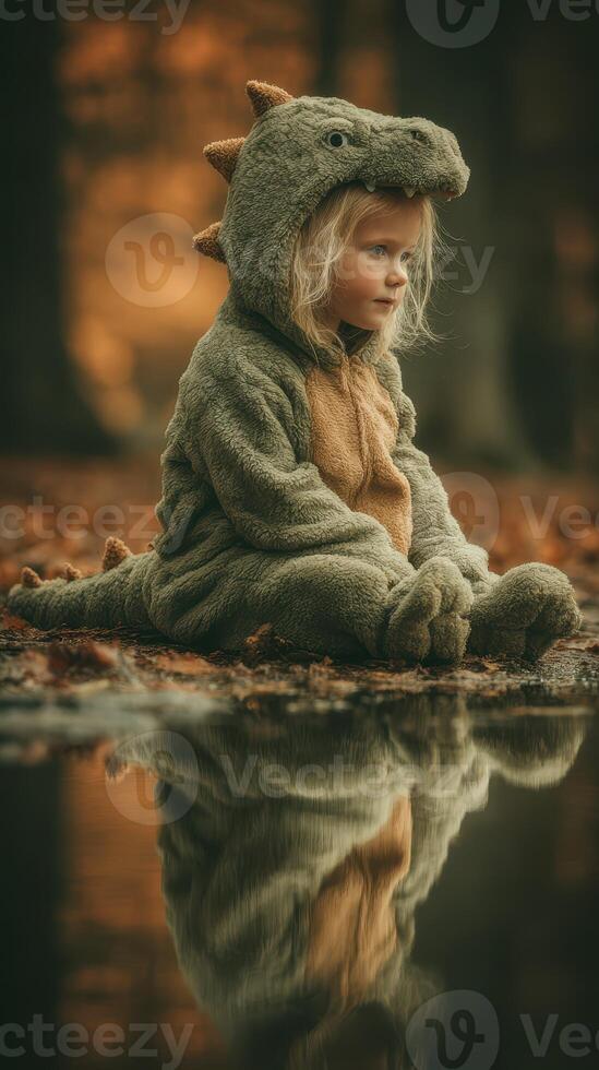 Child in dinosaur costume sitting beside a calm pond surrounded by autumn leaves in a forest photo